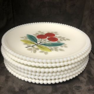 Westmoreland Hand Painted Fruit Milk Glass Plates 7.  5” With Beaded/hobnail Edge