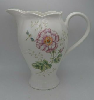 Lenox " Butterfly Meadow " Porcelain Handled Pitcher Floral And Dragonflies 9 "