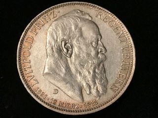 T2: German State Of Bavaria 1911 D Silver 3 Mark " 90th Birthday Of Leopold