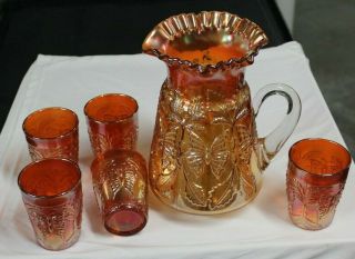 Fenton Butterfly & Fern Marigold Carnival Glass Fluted Water Pitcher 5 Tumblers