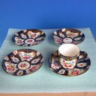 Royal Worcester - Hand Painted Cobalt Blue With Flowers - 1 Cup & 4 Saucers