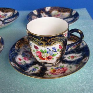 Royal Worcester - Hand Painted Cobalt Blue with Flowers - 1 Cup & 4 Saucers 2