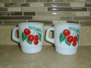 Vtg Retro Termocrisa Milk Glass Stacking Mug Red Cherry Fruit Design