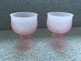Vtg Tiara/indiana Glass Frosted Pink Candle Holders (set Of Two) Leaf Holder 5 "