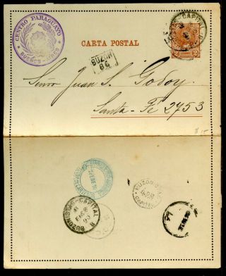 Argentina Postal Card Cover Buenos Aires To Santa Fe 1890 2 Centavos Paraguayo