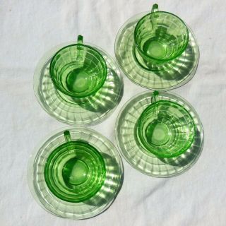 4 Anchor Hocking Block Optic Green Vaseline Glass Plain Handle 6oz Cup & Saucers 3