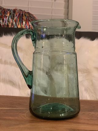 Hand Blown Glass Green Pitcher,  Applied Handle W/ Bubbles