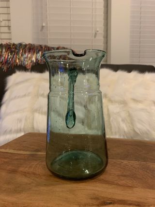 Hand Blown Glass Green PITCHER,  Applied Handle w/ Bubbles 2