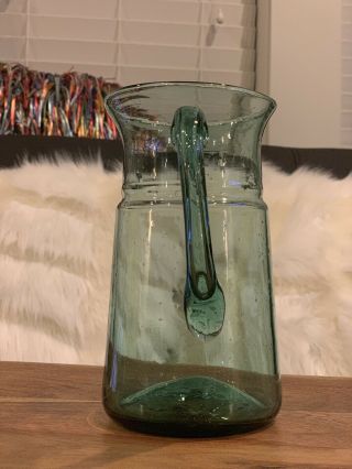 Hand Blown Glass Green PITCHER,  Applied Handle w/ Bubbles 3