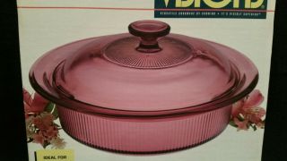 Vtg Visions1148 Corning Cranberry Clear Glass Casserole Pot Pan & Lid 1.  5 Qt Nib