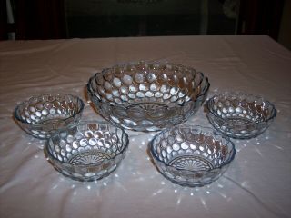 Vintage Anchor Hocking Blue Bubble Master Bowl With 4 Berry Bowls