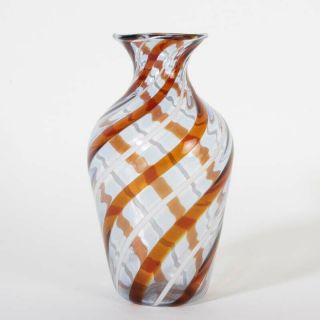 TOP Murano glass vase fine Fratelli Toso ca.  1965 a canne with label brown white 2