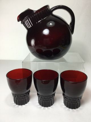 Vintage Royal Ruby Red Anchor Hocking Tilt Ball Juice Pitcher & 3 Glasses