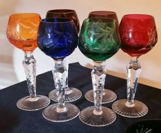 6 Vintage Bohemian Czech Crystal Cut To Clear 5 - 1/4 " Cordial Sherry Stem Glasses