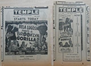 Two 1952 Newspaper Ads For The Movie Bela Lugosi Meets A Brooklyn Gorilla