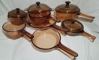 Vtg 12 Pc.  Corning Ware Visions Amber Vision Cookware Set,  Lids Most Lk - Nw K8