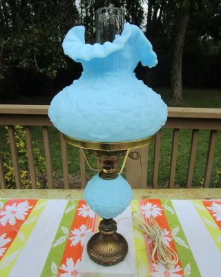 Vintage Fenton Blue Satin Poppy 20 " Student Lamp Gwtw Marble Base Lamp