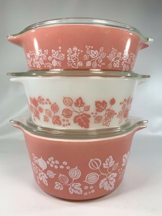 Vintage Pyrex Pink Gooseberry Casserole Dishes W/ Lids 471 - 472 - 473