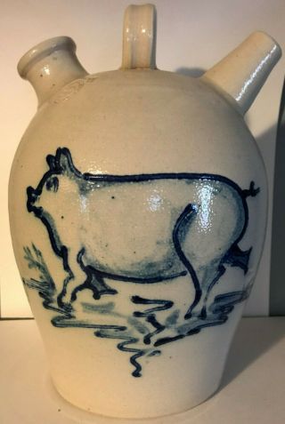 Large Shadowlawn Stoneware Pottery 2 Spout Handled Water Jug W/ Blue Pig