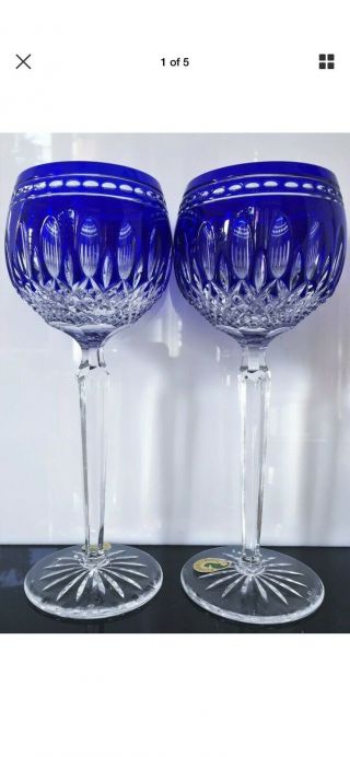2 Waterford Crystal Wine Hock Cobalt Blue Glasses - Clarendon (one Pair)