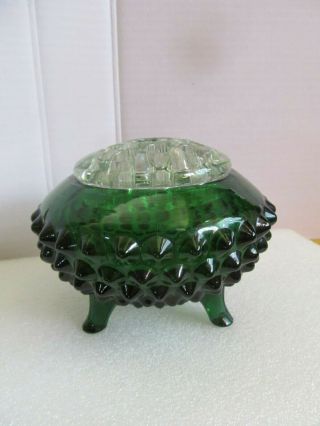 Vintage Glass Green Hobnail Footed Vase Bowl Clear Flower Frog Candle Holder