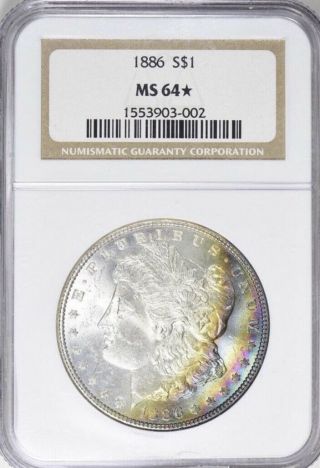1886 Ngc Ms64 Star Morgan Silver Dollar / Rainbow Toning Obverse And Reverse