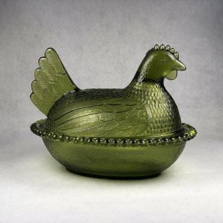 Vintage Indiana Hen On Nest Chicken Green Carnival Glass Covered Dish Candy