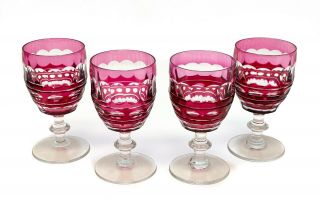 4 Val St (saint) Lambert Ruby Red To Clear Cut Glass Wine Goblets In Blarney