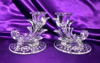 2 Vintage Fostoria Navarre Etched Crystal Clear Baroque Candleholders