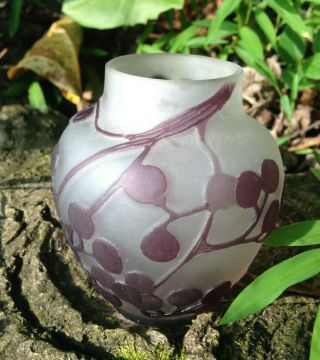 Antique Emile Galle Mark Small Vase Cameo Art Glass Purple Berries And Leaves