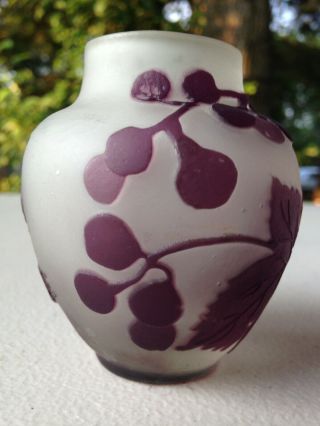Antique Emile Galle Mark Small Vase Cameo Art Glass Purple Berries and Leaves 2