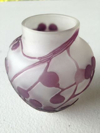 Antique Emile Galle Mark Small Vase Cameo Art Glass Purple Berries and Leaves 3
