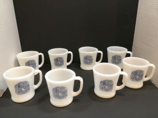 Currier And Ives " The Old Farm Gate " Milk Glass Coffee Mugs Set Of 8 Fire King