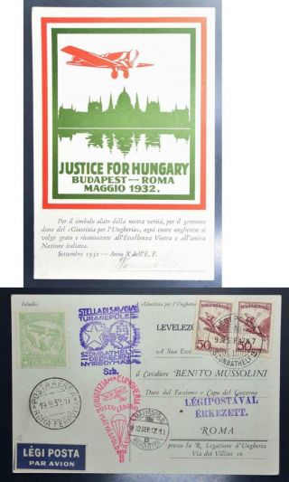 Hungary To Italy 1932 Label O Rare Mussolini Memo Flight Pic Ppc Szobathely - Roma