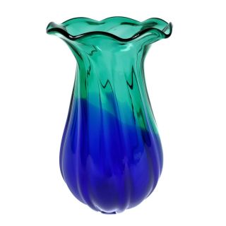 7.  5 " Hand Blown Blue Green Ombre Twist Swirl Vase With Ruffled Trumpet Opening