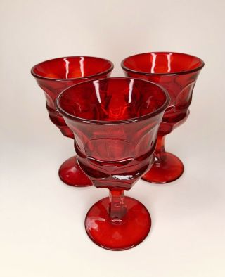 3 Fostoria Glass Argus Ruby Red 6 1/2 Inch Water Wine Glasses Goblets A109