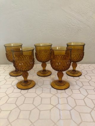 5 Vintage Amber Indiana Glass Company Diamond Pattern Goblets 6.  5 Inches Tall