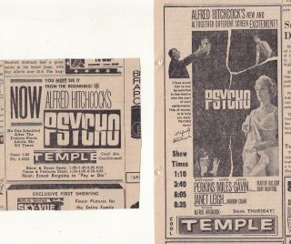 Two 1960 Newspaper Ads For Movie Psycho - You It From The Beginning