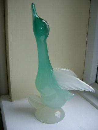 Rare Archimede Seguso Label Murano Green Alabastro Glass Duck Vintage 1950/60 