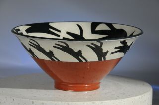 Hand Thrown Studio Art Pottery Bowl With Black Cats Running