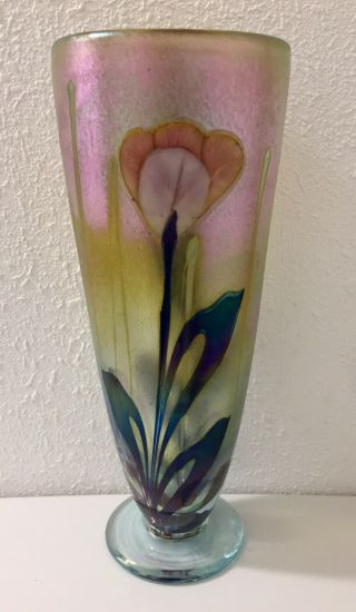 Robert Held Signed Iridescent Hand Blown Contemporary Art Glass Vase 10.  5 " Tall