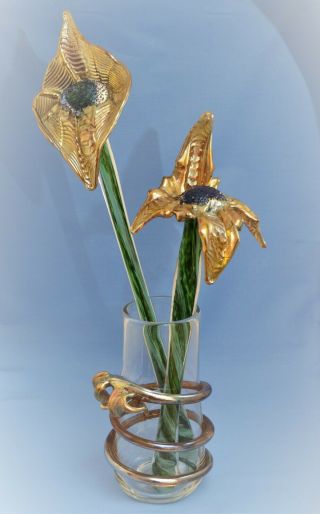 Vintage Studio Art Glass Exquisite Large Flowers In Vase Hand Blown Signed