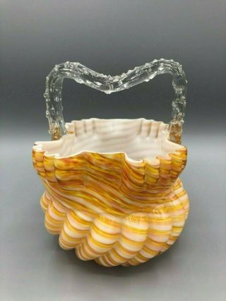 Victorian Hand Blown Cased Art Glass Basket With Thorn Handle Yellow Orange