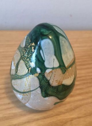Vintage Isle Of Wight Glass Green Egg With Gold Leaf Wrap Paperweight Perfect