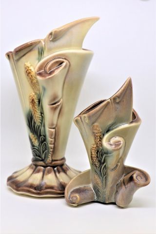 Vintage Hull Pottery Parchment & Pine Cone Brown Glazed Vases Set Of 2