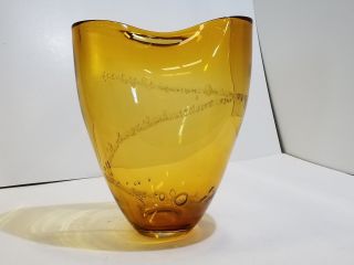 Crate And Barrel Amber Hand Blown Glass Vase With Bubbles
