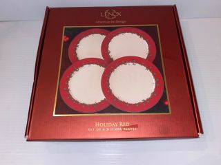 Set Of 4 Lenox Holiday Red 10.  5” Dinner Plates,  Holly