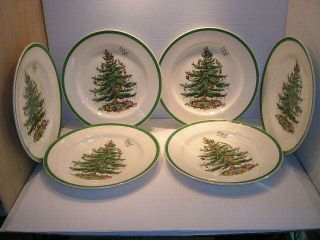 Six Spode Christmas Tree Dinner Plates 10 1/2 " Made In England