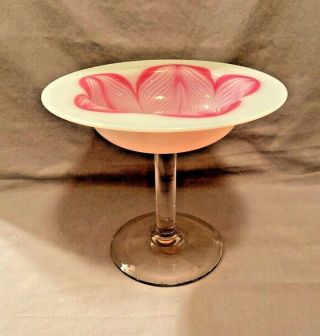 Vintage Antique Signed Libbey Art Glass Compote Tazza Pull Feather Decoration Nr