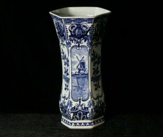 Delft Royal Sphinx By Boch Belgium Blue & White Porcelain Vase